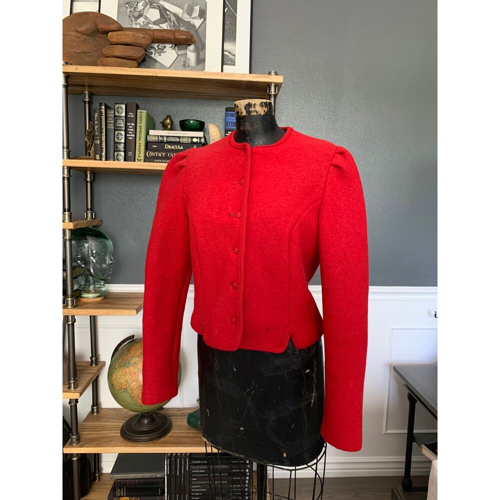 1960s, xs Wool Red Short Blazer, Salzburger, Austria, Fitted, Button Down, FLAWS